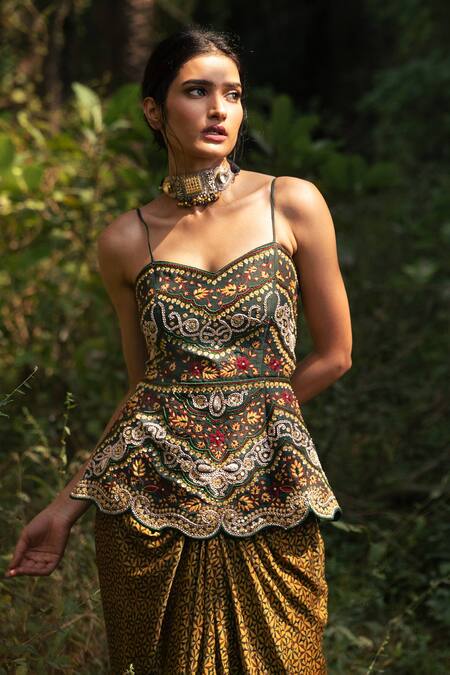 Nitara Dhanraj Label_Yellow Thread Work Sweetheart Neck Peplum Top And Printed Draped Skirt Set _Online_at_Aza_Fashions