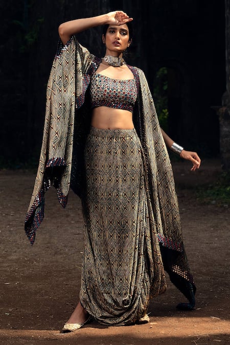 Nitara Dhanraj Label Blue Silk Geometric Motifs Blouse Scoop Cowl Draped Skirt Set With Cape 