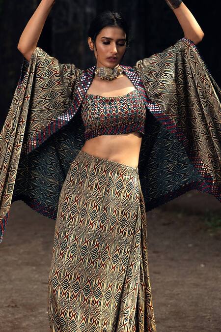 Buy_Nitara Dhanraj Label_Blue Silk Geometric Motifs Blouse Scoop Cowl Draped Skirt Set With Cape _Online_at_Aza_Fashions