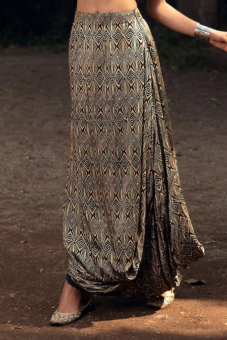 Shop_Nitara Dhanraj Label_Blue Silk Geometric Motifs Blouse Scoop Cowl Draped Skirt Set With Cape _Online_at_Aza_Fashions