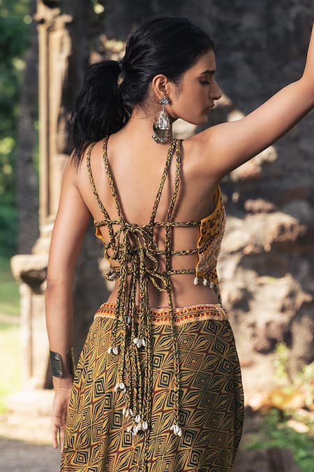 Shop Nitara Dhanraj Label Yellow , Raw Geometric Motifs Round Draped Skirt And Backless Top Set at Aza Fashions Shop_Nitara Dhanraj Label_Yellow , Raw Geometric Motifs Round Draped Skirt And Backless Top Set _at_Aza_Fashions