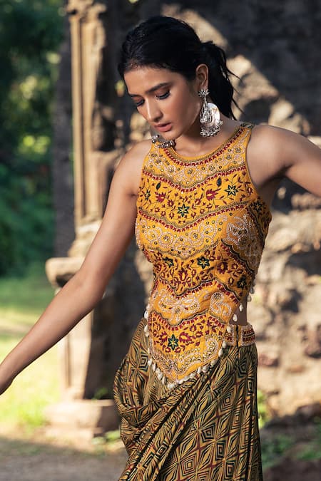 Nitara Dhanraj Label_Yellow , Raw Geometric Motifs Round Draped Skirt And Backless Top Set _Online_at_Aza_Fashions