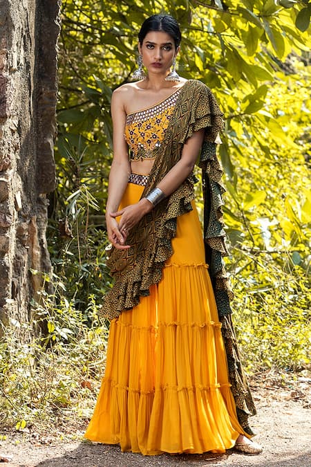 Nitara Dhanraj Label Yellow Silk, Raw Silk, Georgette Thread Work Sharara Set With Ruffle Dupatta 