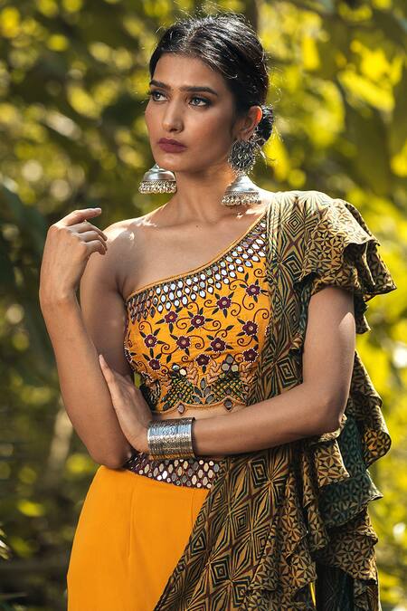 Nitara Dhanraj Label_Yellow Silk, Raw Silk, Georgette Thread Work Sharara Set With Ruffle Dupatta _Online_at_Aza_Fashions
