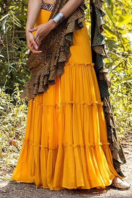 Shop_Nitara Dhanraj Label_Yellow Silk, Raw Silk, Georgette Thread Work Sharara Set With Ruffle Dupatta _Online_at_Aza_Fashions