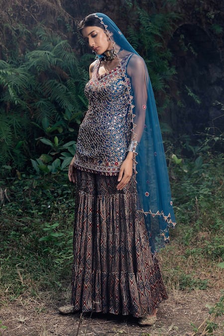 Nitara Dhanraj Label Blue Silk, Raw Silk, Net Geometric Motifs V Neck Printed Sharara Set 