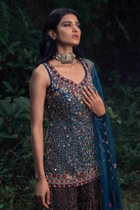 Nitara Dhanraj Label_Blue Silk, Raw Silk, Net Geometric Motifs V Neck Printed Sharara Set _Online_at_Aza_Fashions