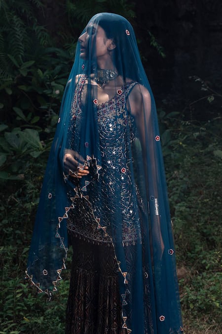Buy_Nitara Dhanraj Label_Blue Silk, Raw Silk, Net Geometric Motifs V Neck Printed Sharara Set _Online_at_Aza_Fashions