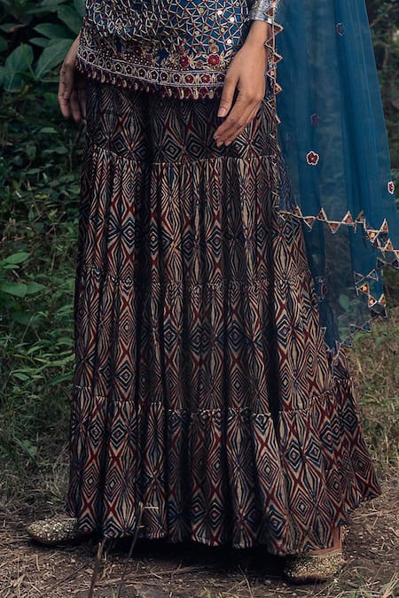 Shop_Nitara Dhanraj Label_Blue Silk, Raw Silk, Net Geometric Motifs V Neck Printed Sharara Set _Online_at_Aza_Fashions