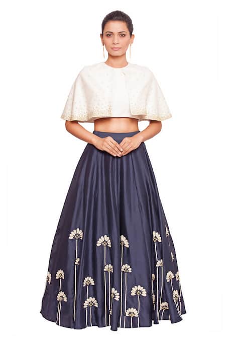 Salt And Spring Blue Chanderi Floral Motifs Round Cape Blouse And Embroidered Skirt Set 