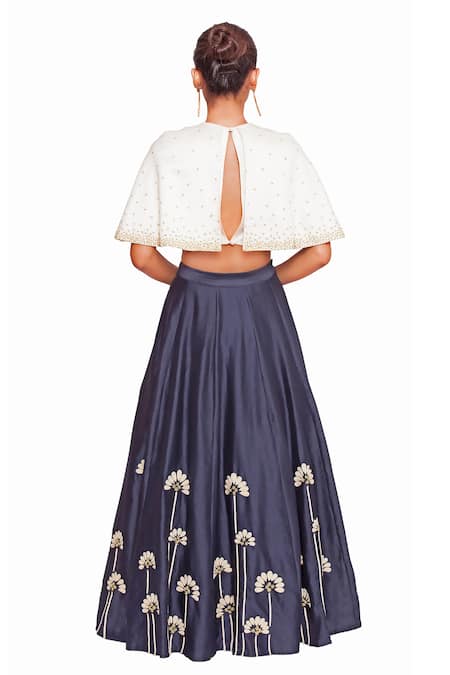 Shop Salt And Spring Blue Chanderi Floral Motifs Round Cape Blouse And Embroidered Skirt Set at Aza Fashions Shop_Salt And Spring_Blue Chanderi Floral Motifs Round Cape Blouse And Embroidered Skirt Set _at_Aza_Fashions