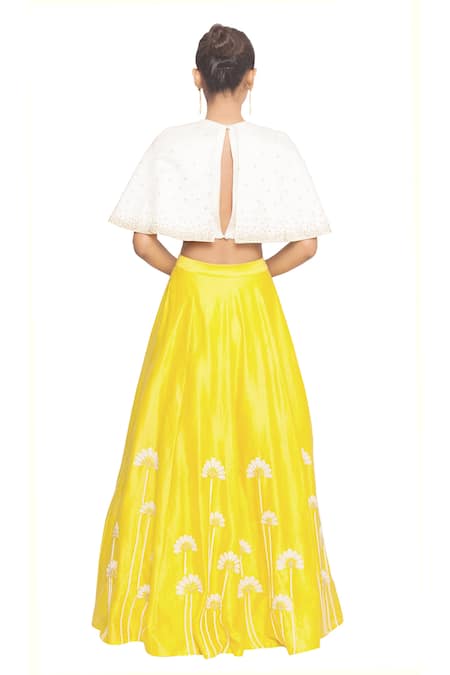 Shop Salt And Spring Yellow Chanderi Floral Motifs Round Embroidered Cape Blouse And Skirt Set at Aza Fashions Shop_Salt And Spring_Yellow Chanderi Floral Motifs Round Embroidered Cape Blouse And Skirt Set _at_Aza_Fashions