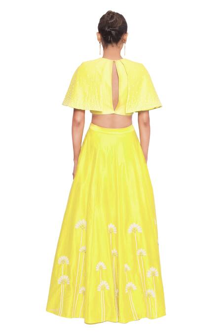 Shop Salt And Spring Yellow Chanderi Floral Motifs Round Embroidered Cape And Skirt Set at Aza Fashions Shop_Salt And Spring_Yellow Chanderi Floral Motifs Round Embroidered Cape And Skirt Set _at_Aza_Fashions