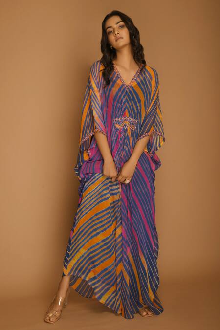 K-Anshika_Multi Color Georgette V Neck Printed Kaftan _Online_at_Aza_Fashions