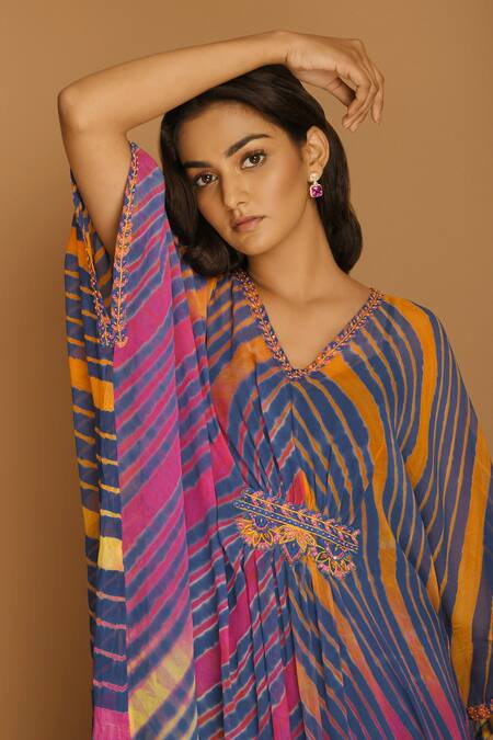 Buy_K-Anshika_Multi Color Georgette V Neck Printed Kaftan _Online_at_Aza_Fashions