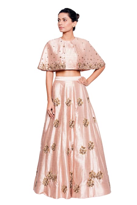 Salt and Spring Pink Dupion Embroidered Floral Motifs Round Cape And Skirt Set  