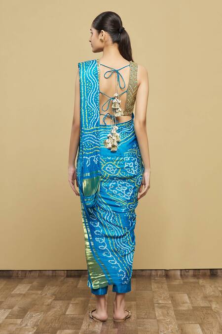 Shop Tisha Saksena Blue Blouse And Pant Raw Sari Bandhani V Neck Saree With at Aza Fashions Shop_Tisha Saksena_Blue Blouse And Pant Raw Sari Bandhani V Neck Saree With_at_Aza_Fashions