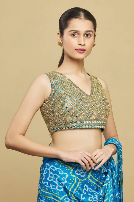 Buy Tisha Saksena Blue Blouse And Pant Raw Sari Bandhani V Neck Saree With Online at Aza Fashions Buy_Tisha Saksena_Blue Blouse And Pant Raw Sari Bandhani V Neck Saree With_Online_at_Aza_Fashions