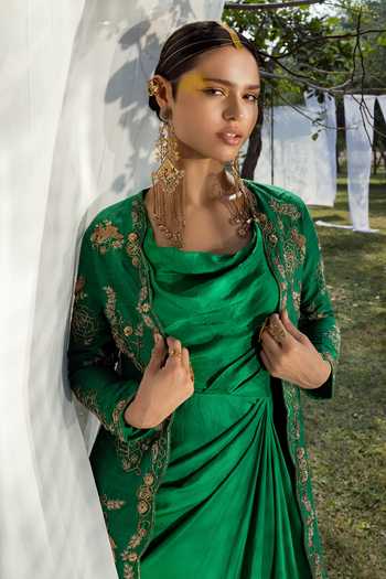 Shop_Tisha Saksena_Green Jacket Raw  Dress Dupion Floral Dress Cowl Draped Set _Online_at_Aza_Fashions