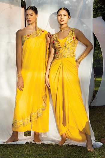 Buy Tisha Saksena Yellow Jacket Raw Dress Dupion Floral Dress Cowl Draped Set Online at Aza Fashions Buy_Tisha Saksena_Yellow Jacket Raw Dress Dupion Floral Dress Cowl Draped Set _Online_at_Aza_Fashions