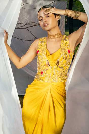 Shop Tisha Saksena Yellow Jacket Raw Dress Dupion Floral Dress Cowl Draped Set Online at Aza Fashions Shop_Tisha Saksena_Yellow Jacket Raw Dress Dupion Floral Dress Cowl Draped Set _Online_at_Aza_Fashions