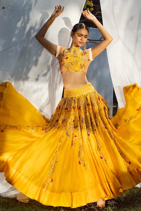 Buy Yellow Crepe Hand Embroidered Colorful Rabia Blouse And Lehenga Set For  Women by Elena Singh Online at Aza Fashions.