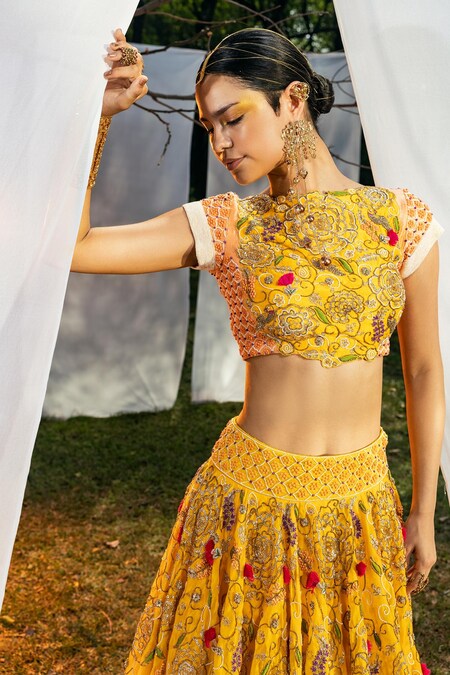 Mustard Yellow Lehenga Printed Strappy Blouse Set - Esha Koul- Fabilicious  Fashion