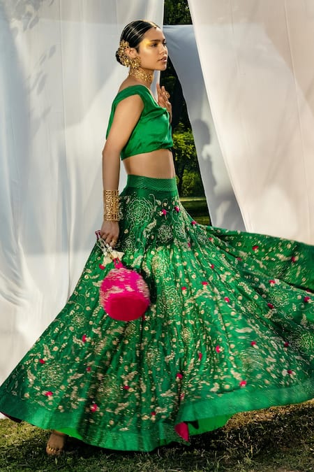 Tisha Saksena_Green Blouse Dupion  Lehenga Raw Floral Embroidered Draped And Set _Online_at_Aza_Fashions
