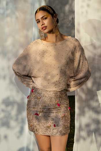 Tisha Saksena_Brown Top Mukaish Georgette Skirt Raw Silk Floral Boat And Set _Online_at_Aza_Fashions