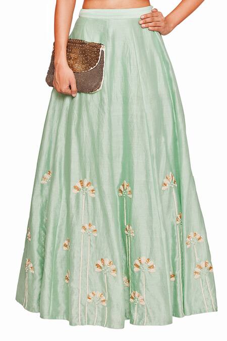 Salt And Spring Green Chanderi Leaf And Floral Motifs Round Embroidered Cape & Skirt Set Online at Aza Fashions Salt And Spring_Green Chanderi Leaf And Floral Motifs Round Embroidered Cape & Skirt Set _Online_at_Aza_Fashions