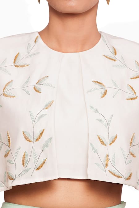 Buy Salt And Spring Green Chanderi Leaf And Floral Motifs Round Embroidered Cape & Skirt Set Online at Aza Fashions Buy_Salt And Spring_Green Chanderi Leaf And Floral Motifs Round Embroidered Cape & Skirt Set _Online_at_Aza_Fashions