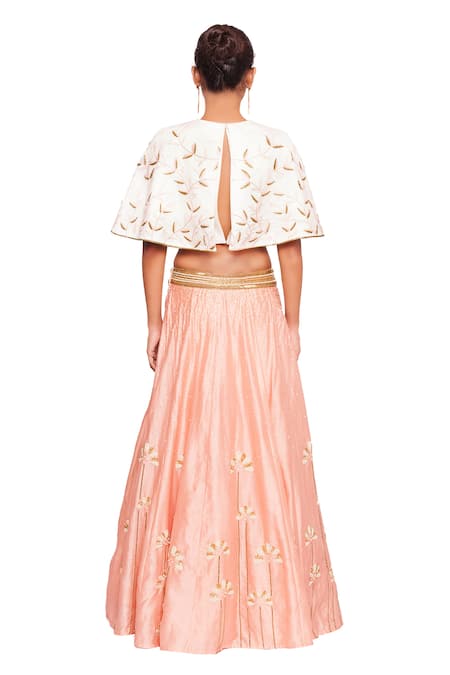 Shop Salt And Spring Pink Dupion Leaf And Floral Motifs Round Embroidered Cape & Skirt Set at Aza Fashions Shop_Salt And Spring_Pink Dupion Leaf And Floral Motifs Round Embroidered Cape & Skirt Set _at_Aza_Fashions