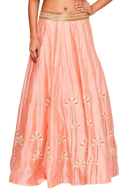 Salt And Spring Pink Dupion Leaf And Floral Motifs Round Embroidered Cape & Skirt Set Online at Aza Fashions Salt And Spring_Pink Dupion Leaf And Floral Motifs Round Embroidered Cape & Skirt Set _Online_at_Aza_Fashions