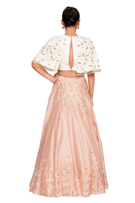 Shop Salt And Spring Pink Chanderi Leaf Motifs Round Cape Blouse And Embroidered Skirt Set at Aza Fashions Shop_Salt And Spring_Pink Chanderi Leaf Motifs Round Cape Blouse And Embroidered Skirt Set _at_Aza_Fashions