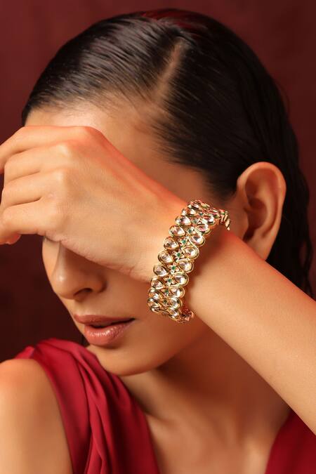 Buy_Swabhimann_Green Diamonds, Rhinestones Pear Shaped Kundan Embellished Kada _Online_at_Aza_Fashions