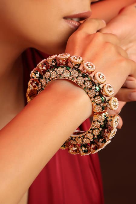 Swabhimann_Green Pearls, Diamonds, Zari Kundan And Embellished Pacheli Kada _Online_at_Aza_Fashions