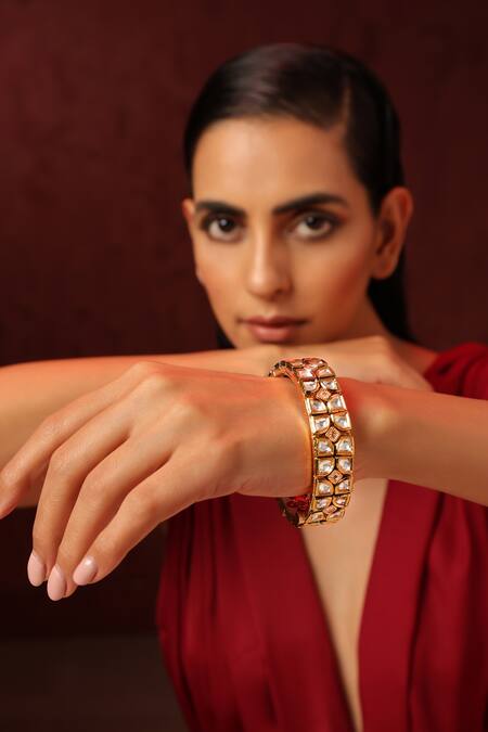 Swabhimann_Gold Plated Imitation Diamonds Embellished Floral Geometric Pattern Kada _Online_at_Aza_Fashions