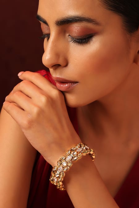 Swabhimann_White Diamonds, Zari Cut Work Kundan Embellished Kada_Online_at_Aza_Fashions