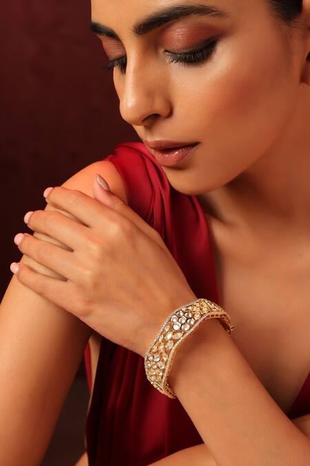 Shop_Swabhimann_Gold Plated Diamonds, Zari Geometric Pattern Kundan Embellished Kada _Online_at_Aza_Fashions