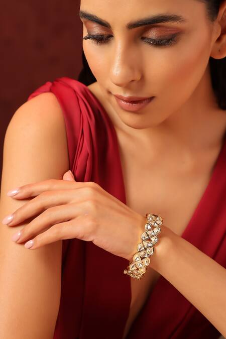 Shop_Swabhimann_Gold Plated Imitation Diamonds Geometric Cut Work Pattern Kada _Online_at_Aza_Fashions