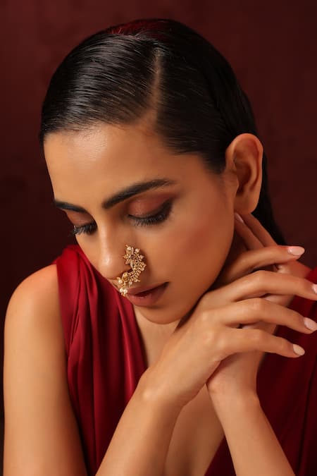 Shop_Swabhimann_Gold Plated Pearl Floral Cut Work Nose Ring_Online_at_Aza_Fashions
