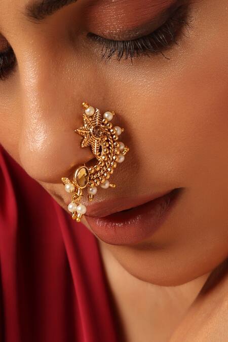 Buy_Swabhimann_Gold Plated Pearl Floral Cut Work Nose Ring_Online_at_Aza_Fashions