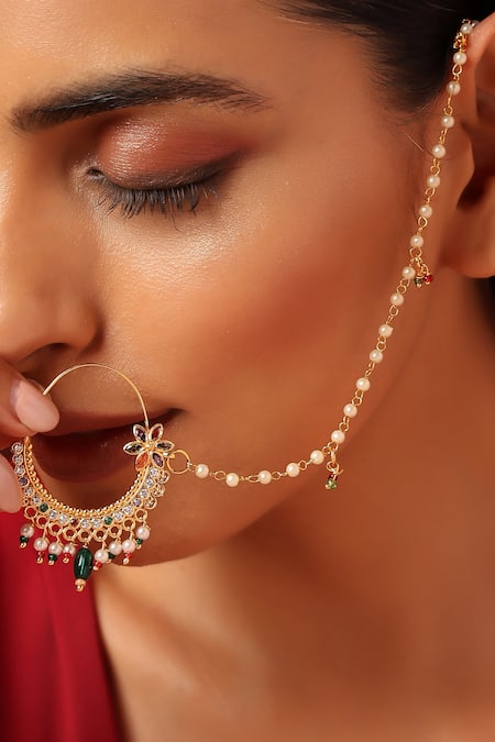 Buy_Swabhimann_Green Pearls Gold Tone Floral Nose Ring _Online_at_Aza_Fashions