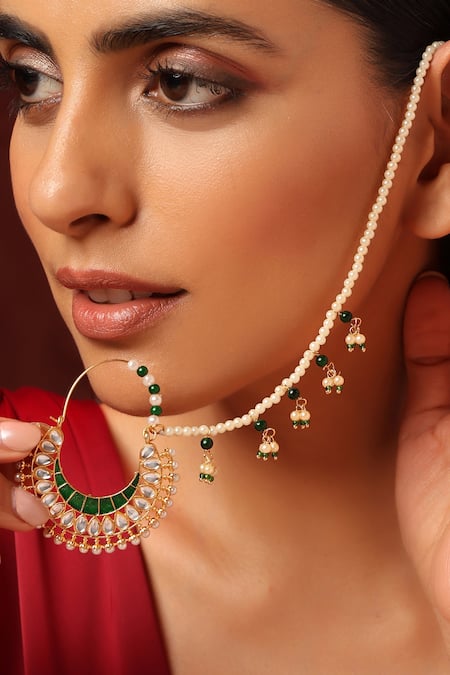 Buy_Swabhimann_Green Pearls, Diamonds Kundan And Embellished Nath _Online_at_Aza_Fashions