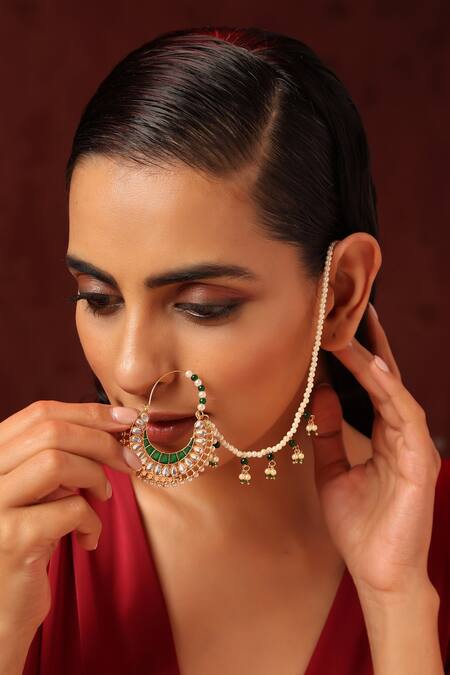 Shop_Swabhimann_Green Pearls, Diamonds Kundan And Embellished Nath _Online_at_Aza_Fashions