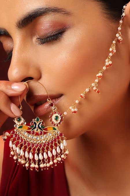 Buy_Swabhimann_Red Pearls, Beads Handmade Peacock Motif Nose Ring _Online_at_Aza_Fashions