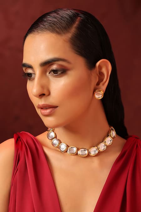 Shop_Swabhimann_Gold Plated Diamonds, Stones Embellished Kundan Necklace Set _Online_at_Aza_Fashions
