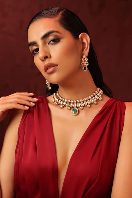 Buy_Swabhimann_Green Diamonds, Stones Kundan And Embellished Necklace Set _Online_at_Aza_Fashions