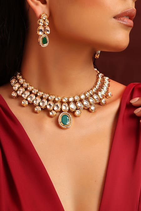 Shop_Swabhimann_Green Diamonds, Stones Kundan And Embellished Necklace Set _Online_at_Aza_Fashions