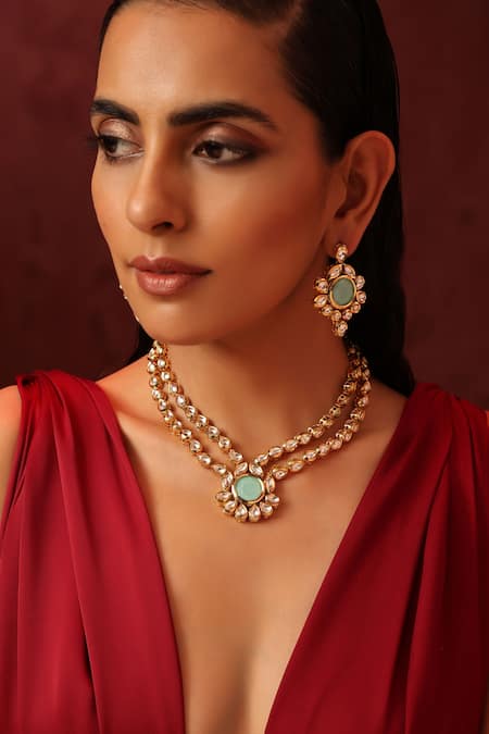 Shop_Swabhimann_Green Diamonds, Stones Kundan Work Necklace Set _Online_at_Aza_Fashions